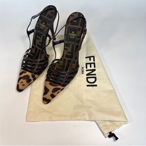 AUTHENTIC FENDI LEOPARD POINTY SLINGBACK PUMPS, SIZE US 7.5, BROWN